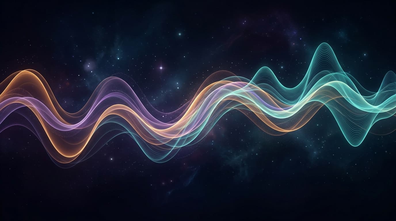 Abstract digital art of warm harmonic waves rippling at 432 Hz, soft purple and amber gradients on a dark background