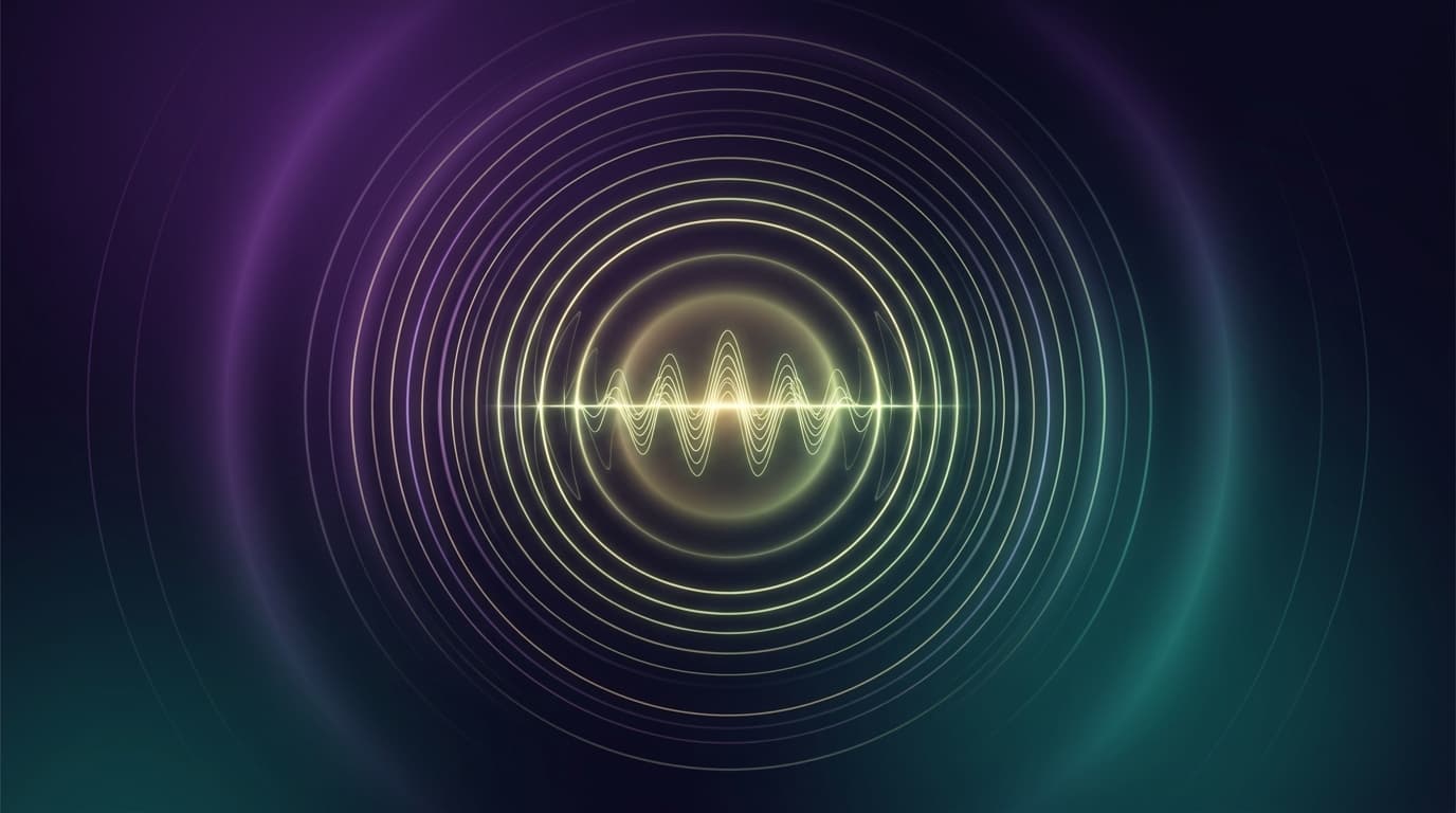Abstract digital art of a glowing 528 Hz wave rippling outward through soft purple and teal gradients on a dark background