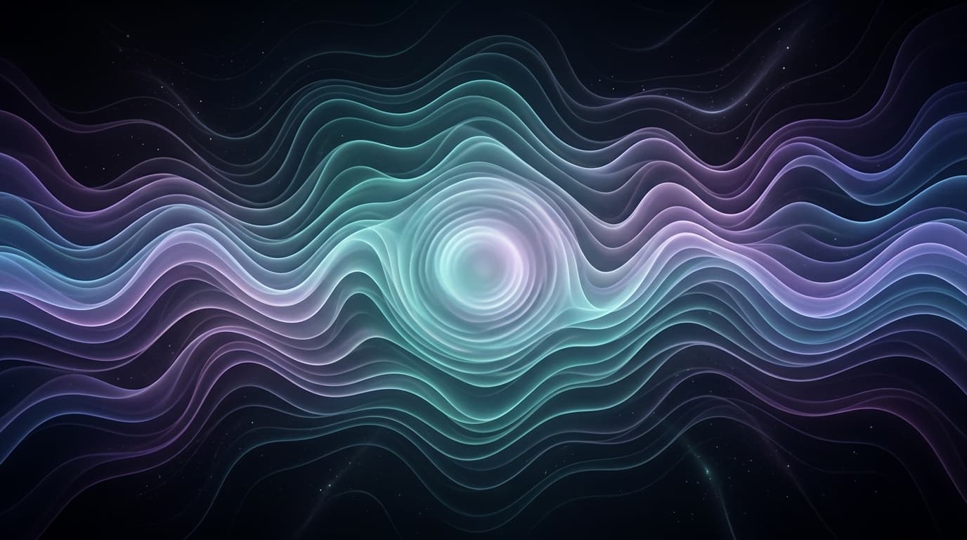 Abstract digital art of smooth alpha brainwaves flowing over a resting mind, soft purple and teal gradients on a dark background