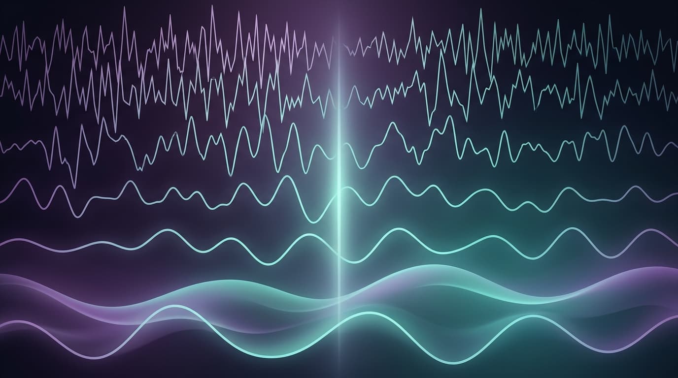 Abstract digital art of calming theta waves soothing an activated nervous system, soft purple and teal gradients on a dark background