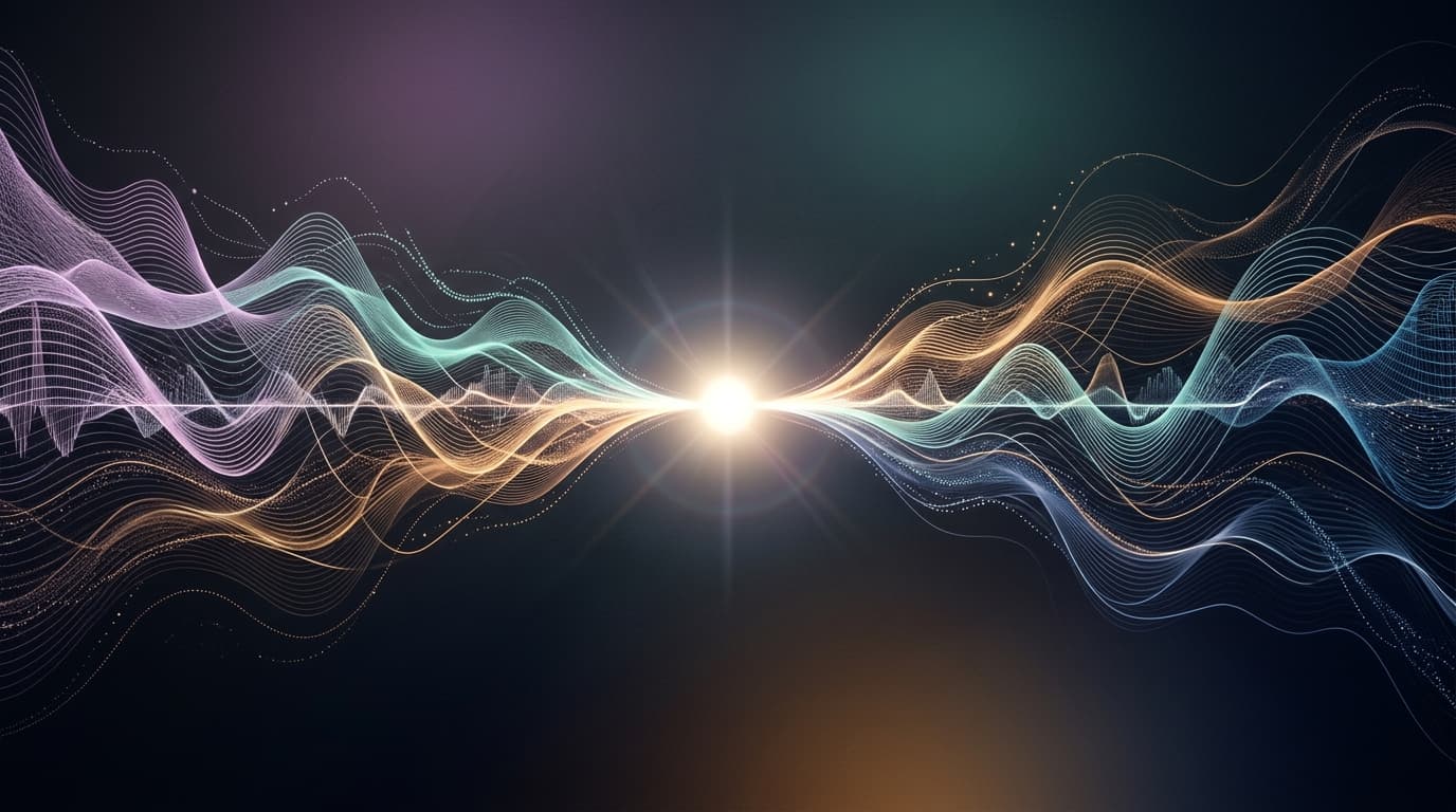 Abstract digital art of beta brainwaves converging into a focused point of light, soft purple and amber gradients on a dark background