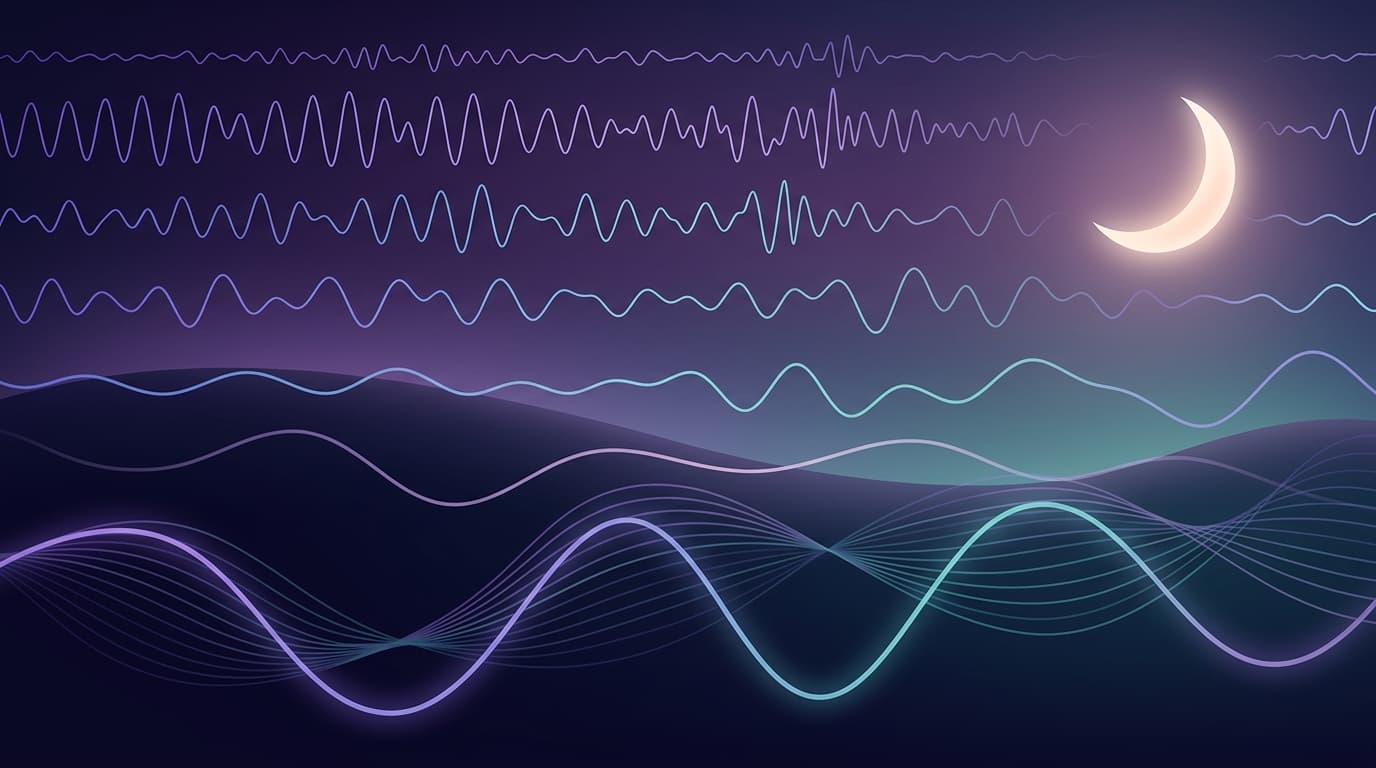 Abstract digital art of slow delta brainwaves flowing into deep restful sleep, soft purple and deep blue gradients on a dark background