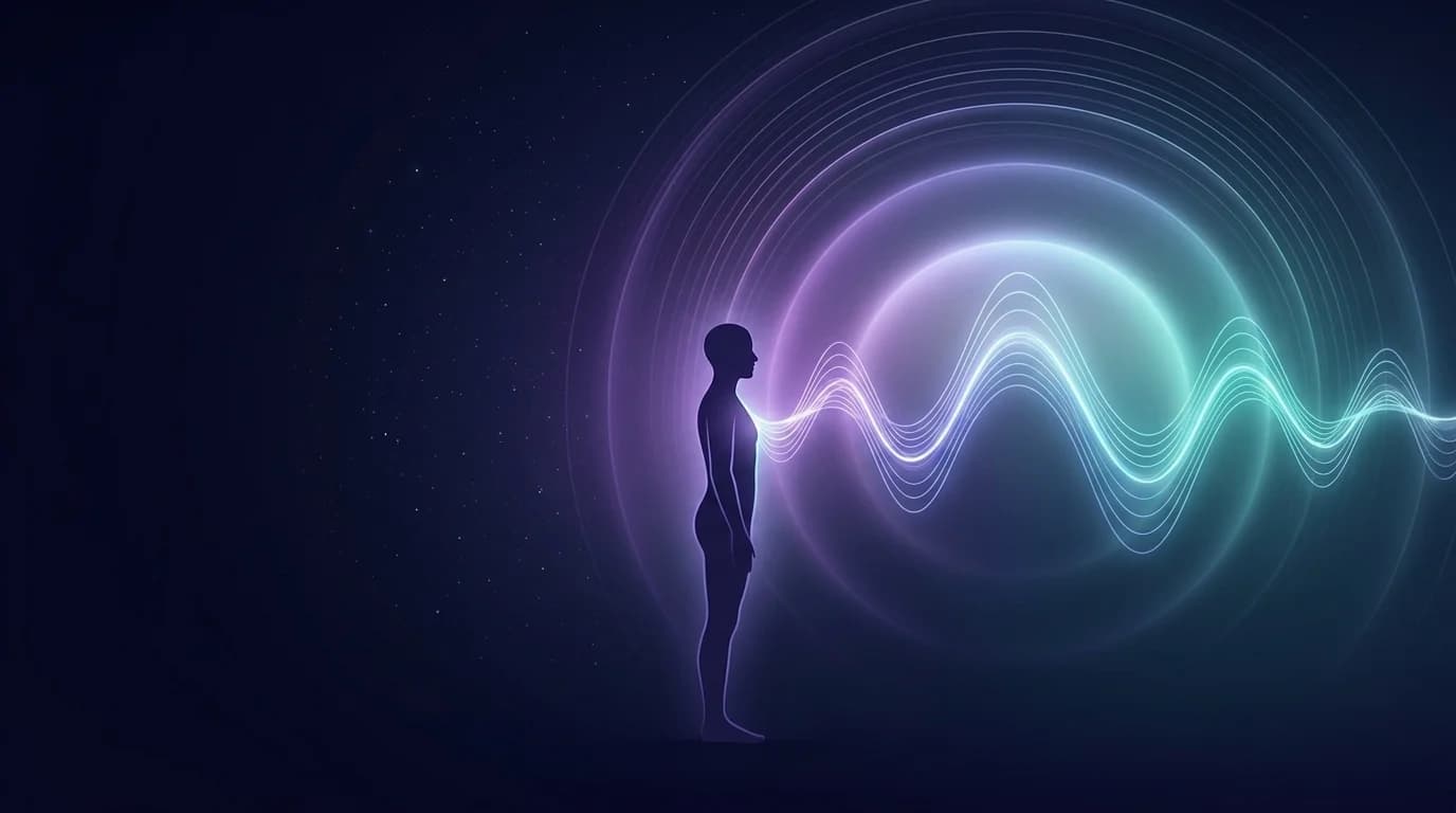 A person standing tall as a glowing sound wave flows outward from them into rings of light