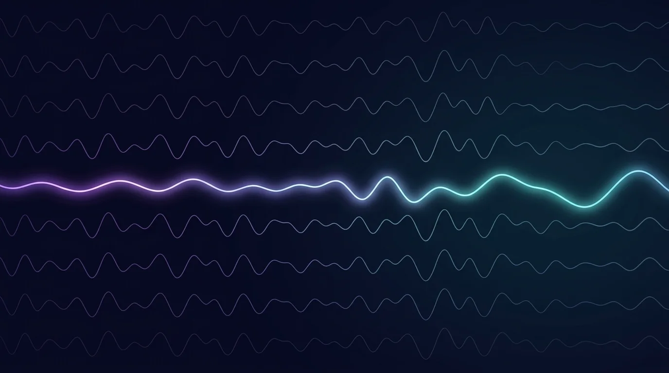 One bright violet and teal waveform with its own rhythm running among identical faint waveforms