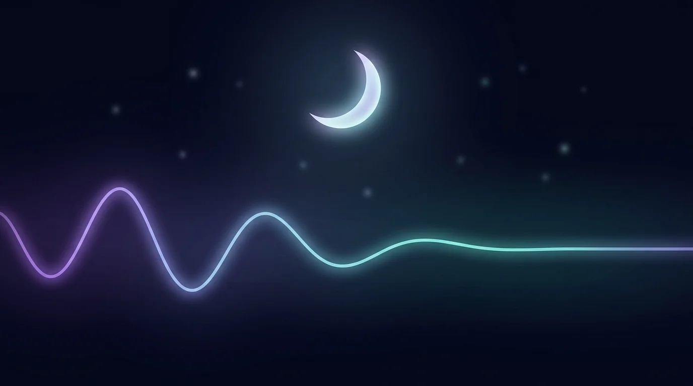 A crescent moon over a glowing sound wave that slows and flattens into a calm line