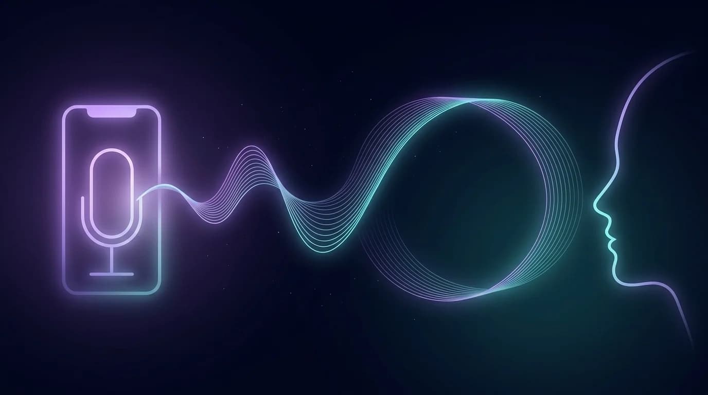 A phone microphone sending a glowing sound wave to the profile of a listening face